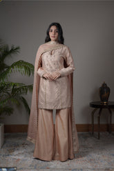 Peach Chanderi Silk Kurti Paired With Culottes Pants And Dupatta
