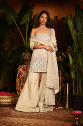 Ice Blue Spaghetti Kurti Paired With Kasab Silk Culottes Pants And Dupatta
