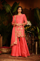 Coral Pink Kurti Paired With Culottes Pants And Dupatta