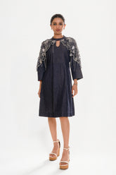 Denim Cape Dress With Hand Embroidery