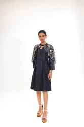 Denim Cape Dress With Hand Embroidery