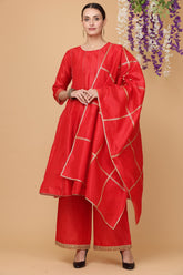 Red Silk Kurta Set With Gota Work