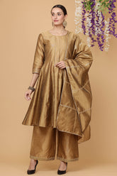 Dark Beige Silk Kurta Set With Gota Work