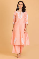 Peach Cotton Silk Kurta Set With Embroidery