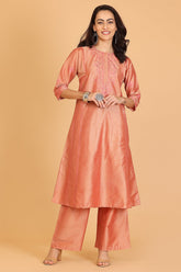 Mauve Cotton Silk Kurta Set With Embroidery