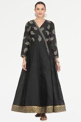 Black Silk Anarkali With Block Print