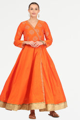 Orange Silk Anarkali With Block Print