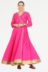 Pink Silk Anarkali With Block Print