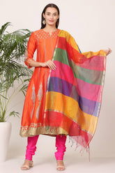 Orange Silk Kurta Set With Block Print