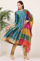 Teal Green Silk Kurta Set With Block Print