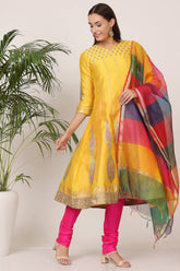 Yellow Silk Kurta Set With Block Print