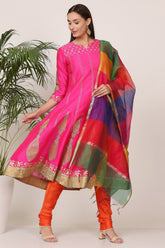 Pink Silk Kurta Set With Block Print