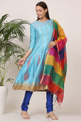 Turquoise Silk Kurta Set With Block Print