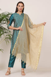 Teal Green Silk Kurta Set With Block Print