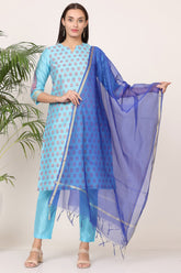 Turquoise Silk Kurta Set With Block Print