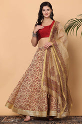 Maroon Silk Lehenga Set With Block Print