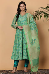 Green Chanderi Kurta Set With Block Print