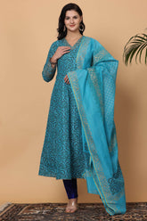 Turquoise Chanderi Kurta Set With Block Print
