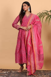 Pink Chanderi Kurta Set With Block Print
