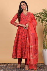 Red Chanderi Kurta Set With Block Print