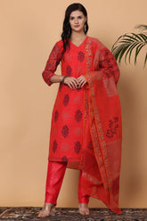 Red Chanderi Kurta Set With Block Print
