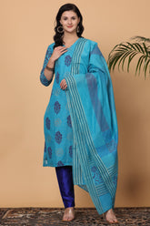 Turquoise Chanderi Kurta Set With Block Print