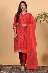 Red Chanderi Kurta Set With Block Print