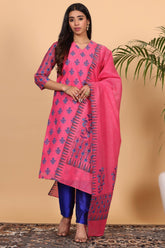 Pink Chanderi Kurta Set With Block Print