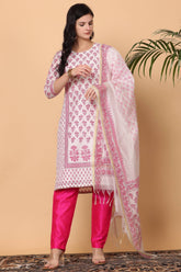 White Cotton Kurta Set With Block Print