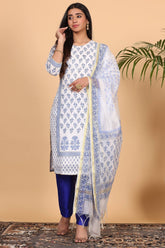 White Cotton Kurta Set With Block Print