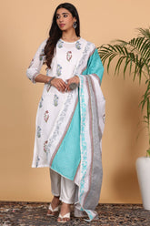 White Cotton Kurta Set With Block Print