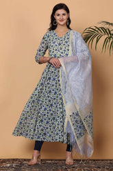 White Cotton Anarkali With Block Print
