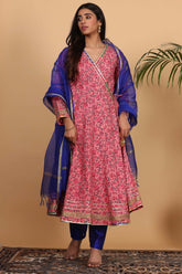 Pink Cotton Anarkali With Block Print