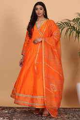 Orange Silk Kurta Set With Gota Work