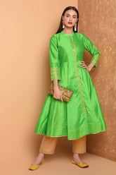 Green Silk Kurta Set With Embroidery