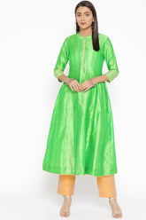 Green Silk Kurta Set With Embroidery