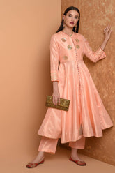Peach Silk Kurta Set With Peach Work