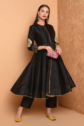 Black Silk Kurta Set With Peach Work