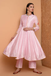 Peach Silk Kurta Set With Peach Work