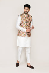 White Kurta with Straight Fit Pant And Jacket
