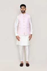 White Kurta with Straight Fit Pant And Jacket