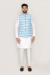 White Kurta with Straight Fit Pant And Jacket