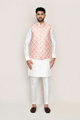 White Kurta with Straight Fit Pant And Jacket