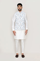 White Kurta with Straight Fit Pant And Jacket