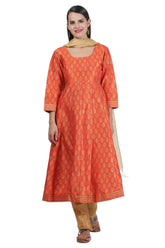 Orange Silk Anarkali With Block Print