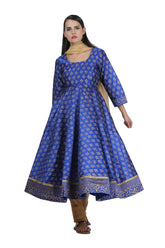 Royal Blue Silk Anarkali With Block Print
