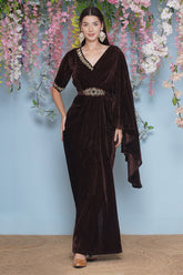Brown Hand Embellished Gown With Drape and Belt