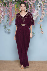 Wine Hand Embellished Velvet Gown With Belt