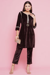 Brown Mirrior Work Velvet Coord Set