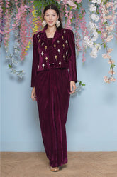 Wine Hand Embellished Jacket with inner and skirt